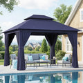 AOXUN Outdoor Gazebo 10x12 Metal Frame Double Roof Canopy With Mosquito Netting And Privacy Screen - Navy Blue