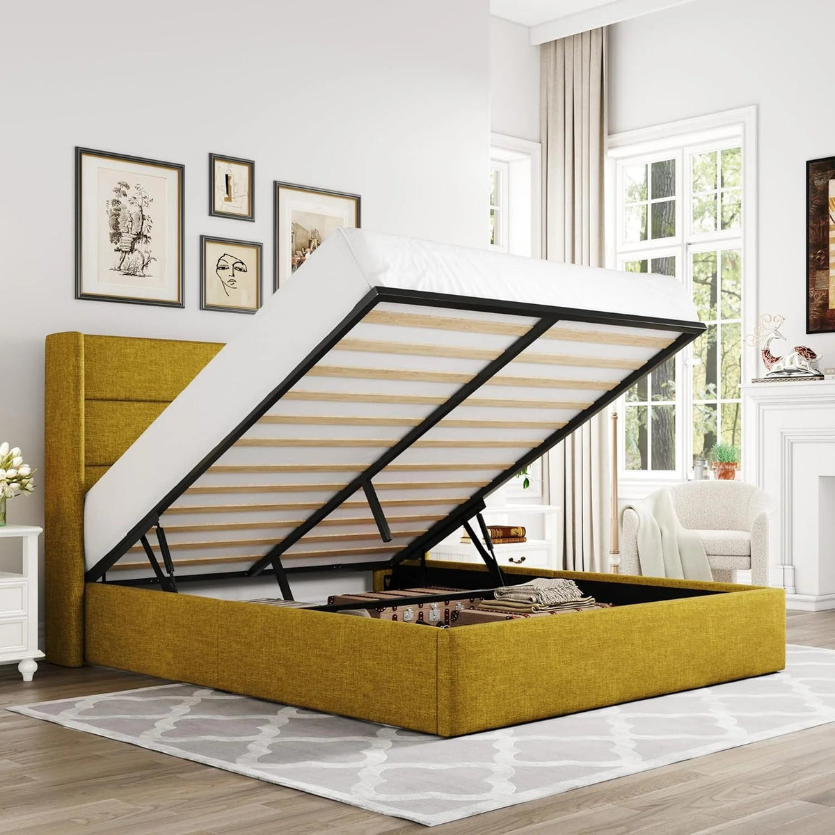 Allewie Queen Lift Up Storage Bed Frame With Wingback Headboard, Light Beige - 80.7 x 60.6 x 44.5 in