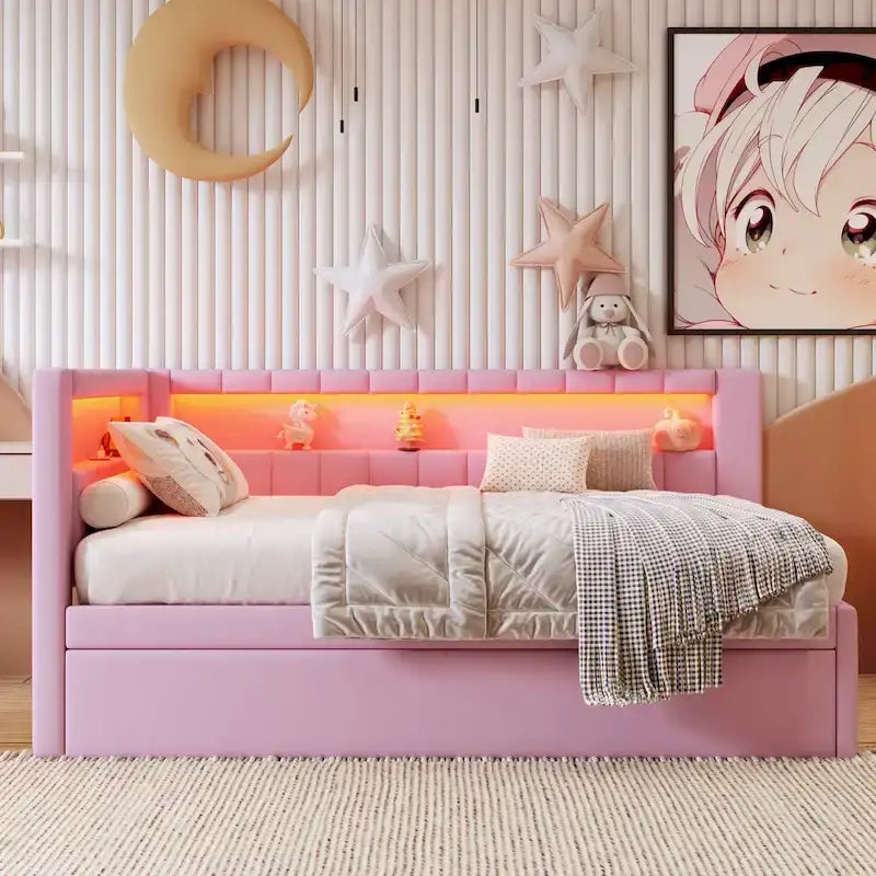 Upholstered Platform Bed Frame With USB Ports, LED Lighting And 2 Storage Drawers - Full/Twin