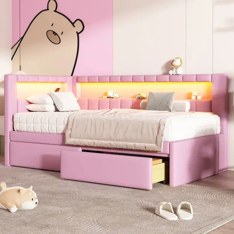 Upholstered Platform Bed Frame With USB Ports, LED Lighting And 2 Storage Drawers - Full/Twin