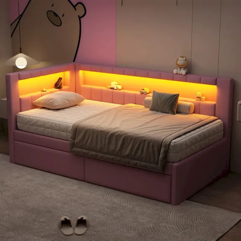 Upholstered Platform Bed Frame With USB Ports, LED Lighting And 2 Storage Drawers - Full/Twin