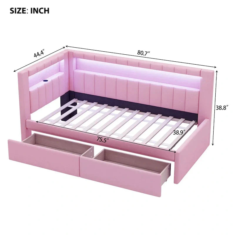 Upholstered Platform Bed Frame With USB Ports, LED Lighting And 2 Storage Drawers - Full/Twin
