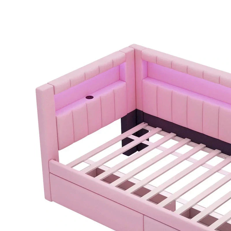 Upholstered Platform Bed Frame With USB Ports, LED Lighting And 2 Storage Drawers - Full/Twin