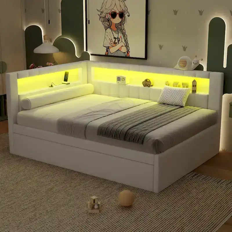 Upholstered Platform Bed Frame With USB Ports, LED Lighting And 2 Storage Drawers - Full/Twin