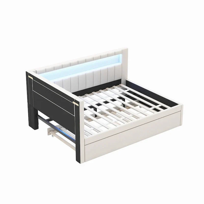 Upholstered Platform Bed Frame With USB Ports, LED Lighting And 2 Storage Drawers - Full/Twin