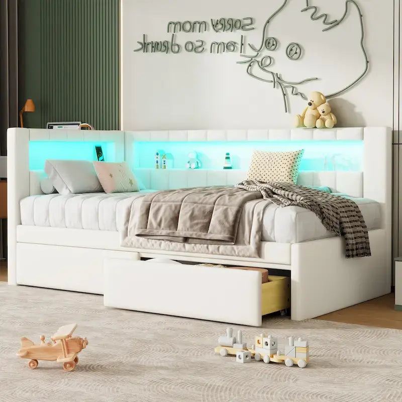 Upholstered Platform Bed Frame With USB Ports, LED Lighting And 2 Storage Drawers - Full/Twin