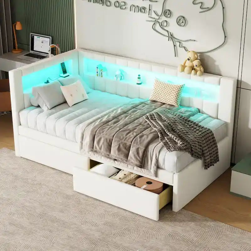 Upholstered Platform Bed Frame With USB Ports, LED Lighting And 2 Storage Drawers - Full/Twin