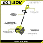 RYOBI 40V 12" Wheeled Snow Shovel Kit