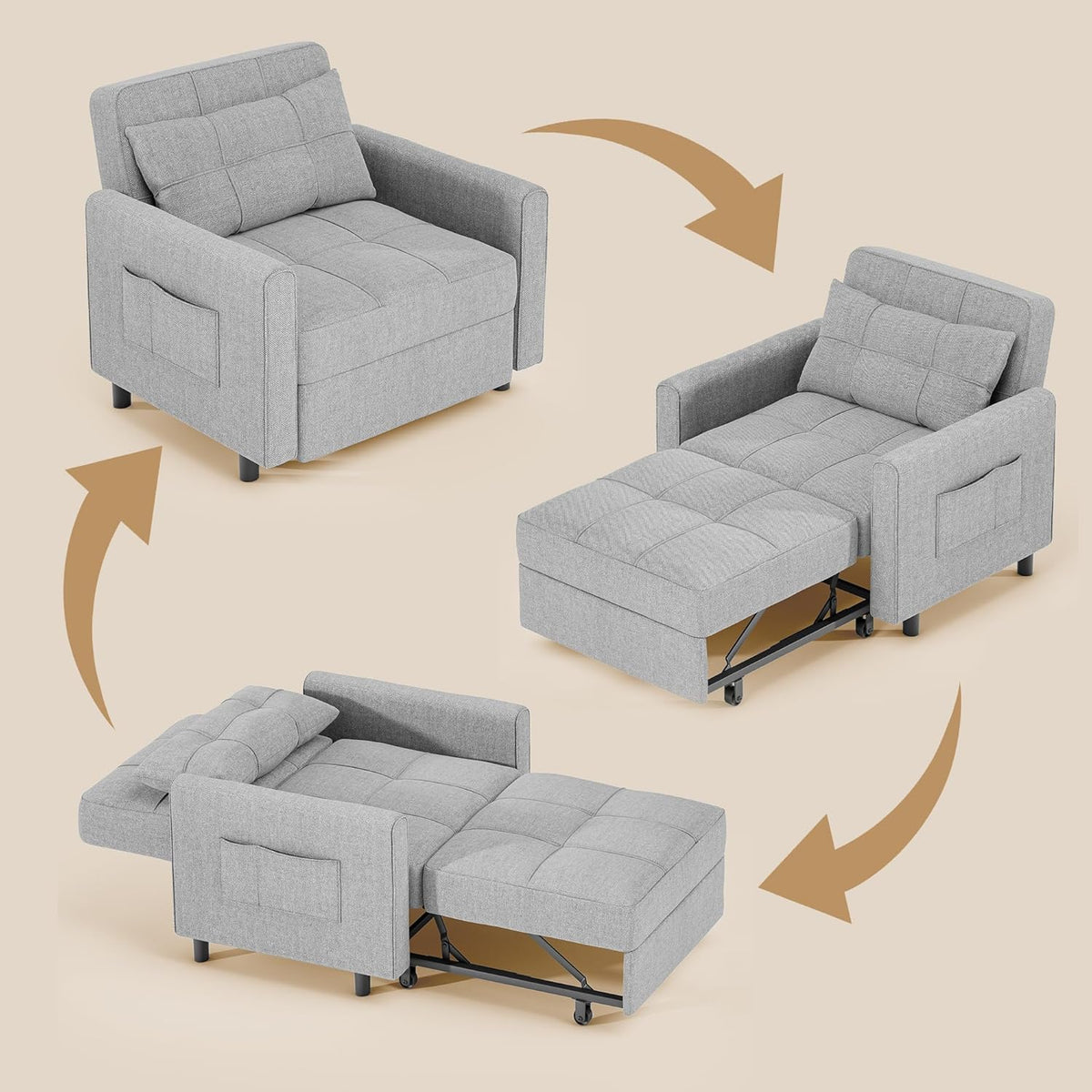 3-in-1 Convertible Pullout Sleeper Chair Bed - 75in x 26in x 17in