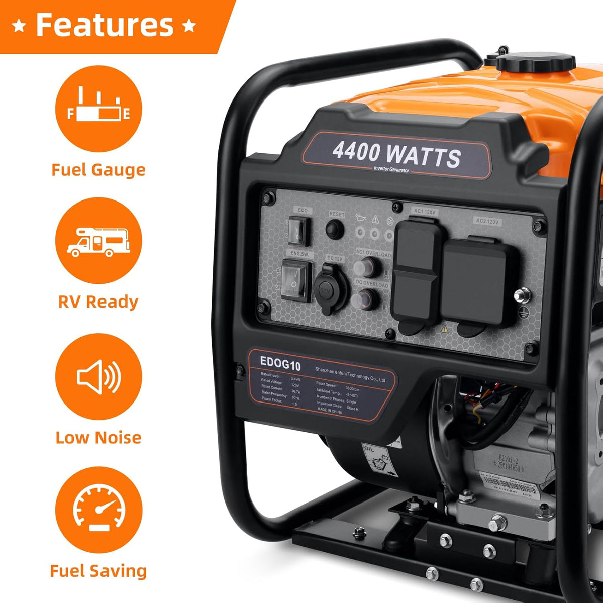 Gas Powered Open Frame Inverter Generator, 4400 Peak Watts / 3400 Running Watts - RV Ready