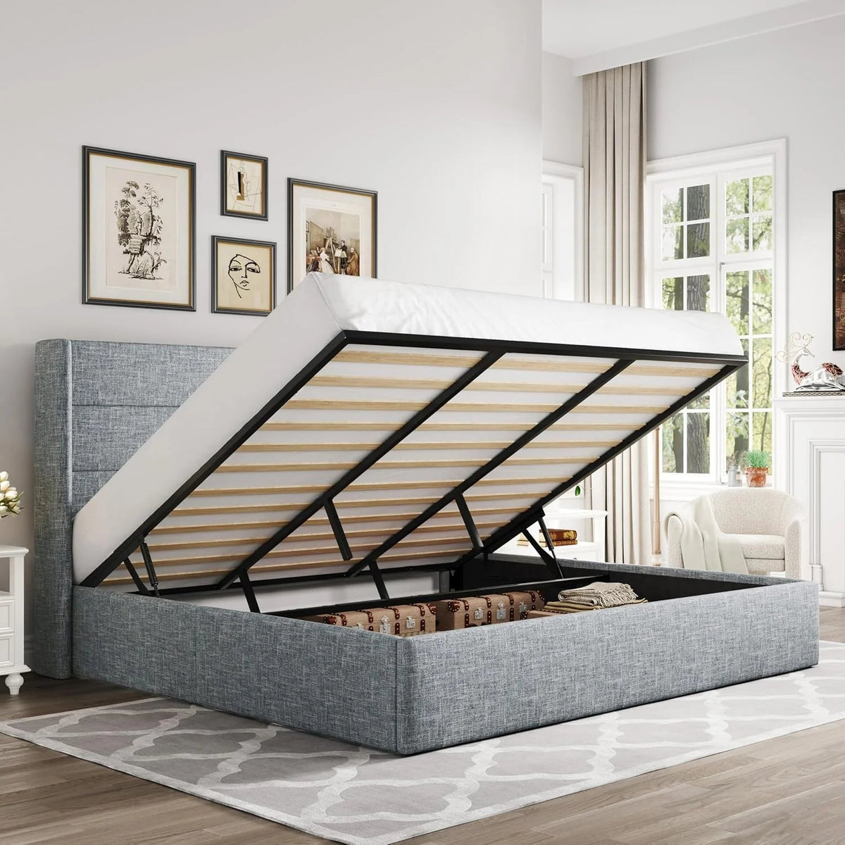 Allewie Queen Lift Up Storage Bed Frame With Wingback Headboard, Light Beige - 80.7 x 60.6 x 44.5 in