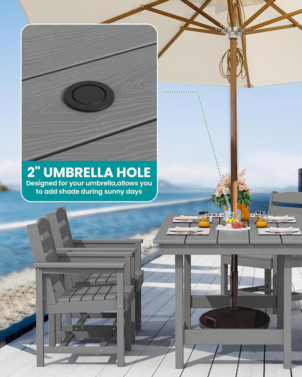 SERWALL 7-Piece HDPE Outdoor Dining Set With Umbrella Hole - Gray