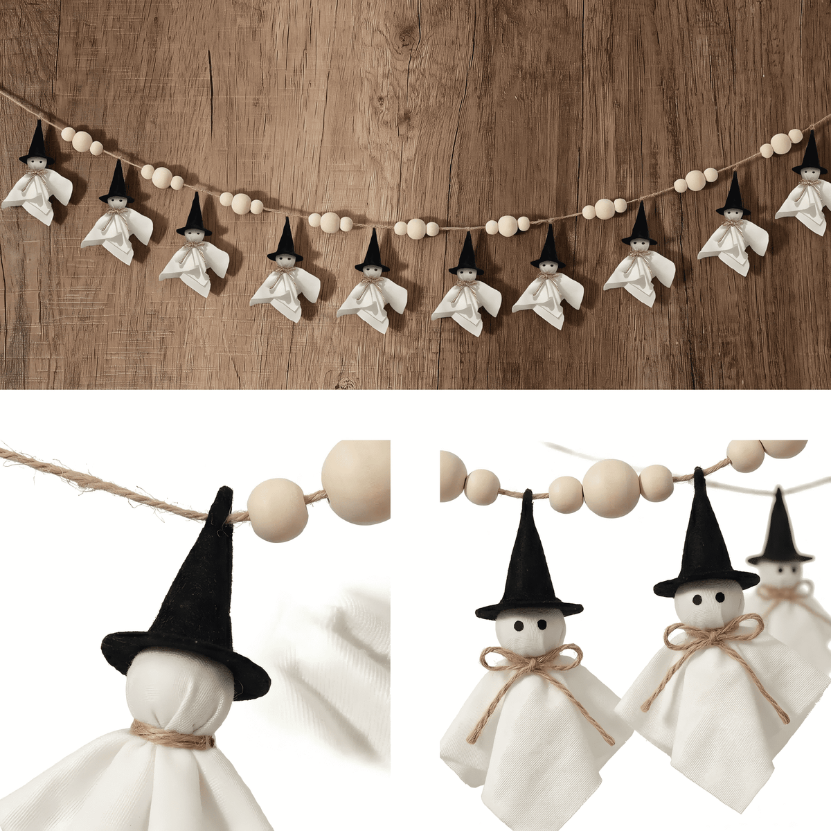 84 Inch Halloween Ghost Banner with Witch Hat, Rustic Wooden Bead Ghost Banner, Halloween Hanging Decor for Fireplace, Mantel, Wall, Party & Home