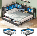 Hasuit Full Metal Corner Bed Frame With 2 Storage Drawers, Bookcase Headboard, Charging Station And LED Lights - Black
