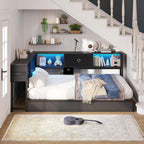 Hasuit Full Metal Corner Bed Frame With 2 Storage Drawers, Bookcase Headboard, Charging Station And LED Lights - Black