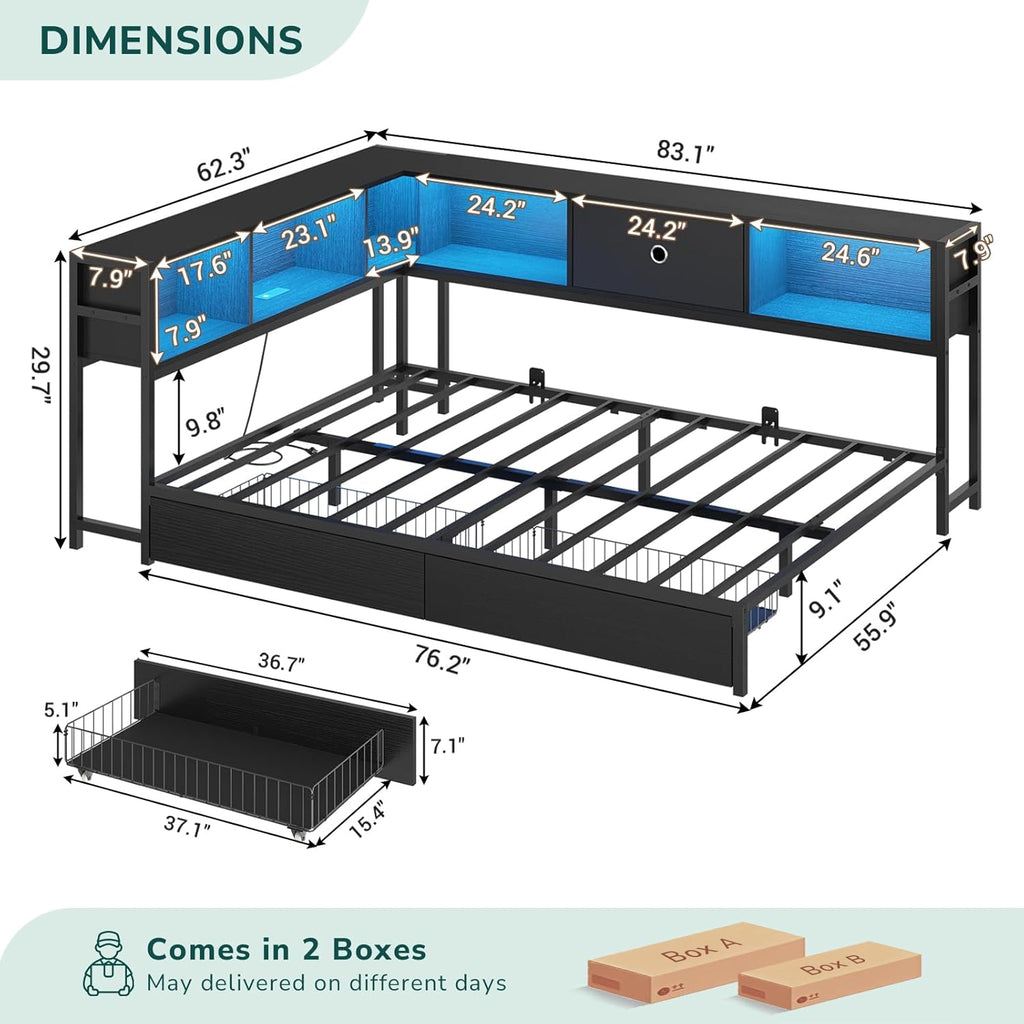 Hasuit Full Metal Corner Bed Frame With 2 Storage Drawers, Bookcase Headboard, Charging Station And LED Lights - Black