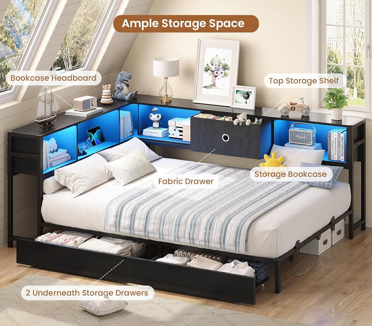 Hasuit Full Metal Corner Bed Frame With 2 Storage Drawers, Bookcase Headboard, Charging Station And LED Lights - Black