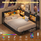 Hasuit Full Metal Corner Bed Frame With 2 Storage Drawers, Bookcase Headboard, Charging Station And LED Lights - Black