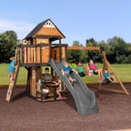 Backyard Discovery Canyon Creek Cedar Wood Swing Set With 8-Foot Wave Slide, Clubhouse And Play Kitchen