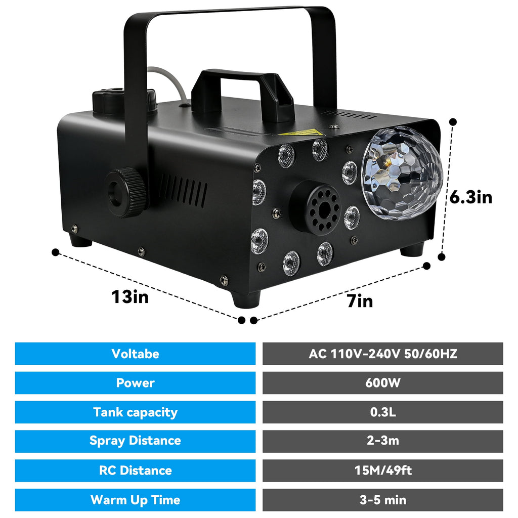 Yexmas 600W Fog Machine with Disco Ball & 8 RGB LED Lights – 2000CFM and Remote Control for Parties, Weddings, Halloween & DJ Events