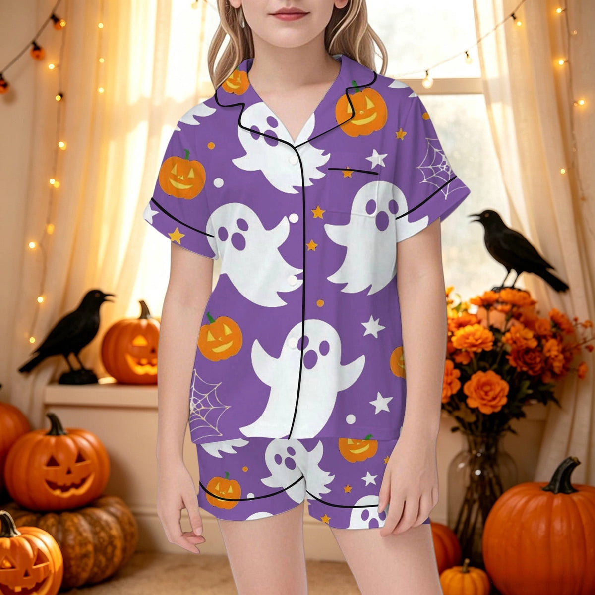 CUZIBR Girls Halloween Pajamas Sets Soft Comfortable Ghost Pumpkin Lapel Button Short Sleeve Shirt Elastic Waist Shorts 2 Pieces Sleep Loungewear Relaxed Sleepwear Outfits, Orange-C