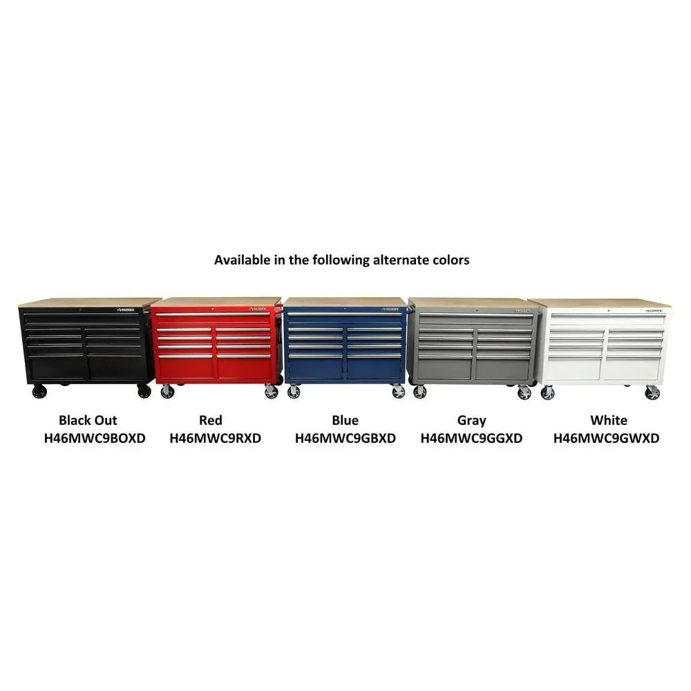 Husky Mobile Workbench With 9 Drawers, Hardwood Top And Power Connection, 117 cm W x 62 cm D - High-Gloss Black
