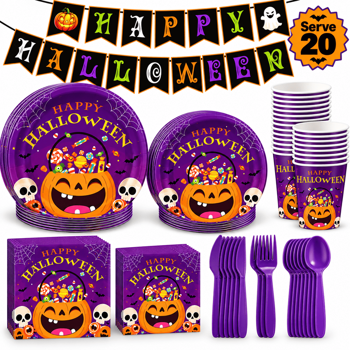 Halloween Paper Plates for Halloween Party Decoration Disposable Cups Napkins Table Cover for Halloween Banner Birthday Party Supplies Serve 20 Design 3