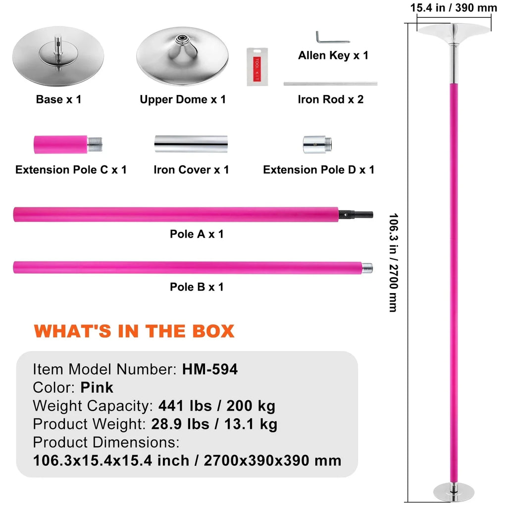 KFFKFF Dance Pole Set, 45mm Stainless Steel, Silver - HM-590S