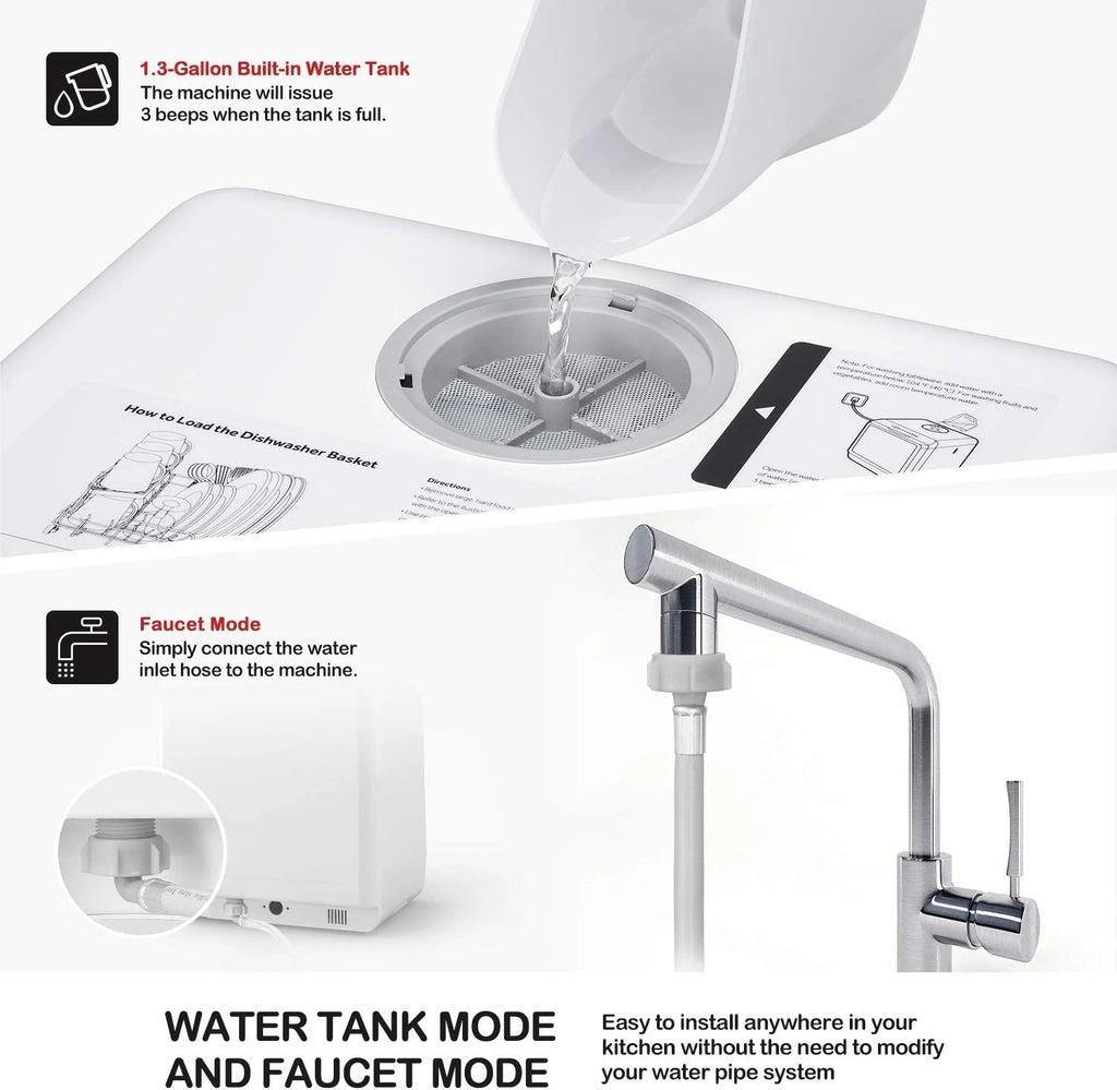 NOVETE Countertop Dishwasher, 5 L Water Tank, 5 Programs, White - TDQR01