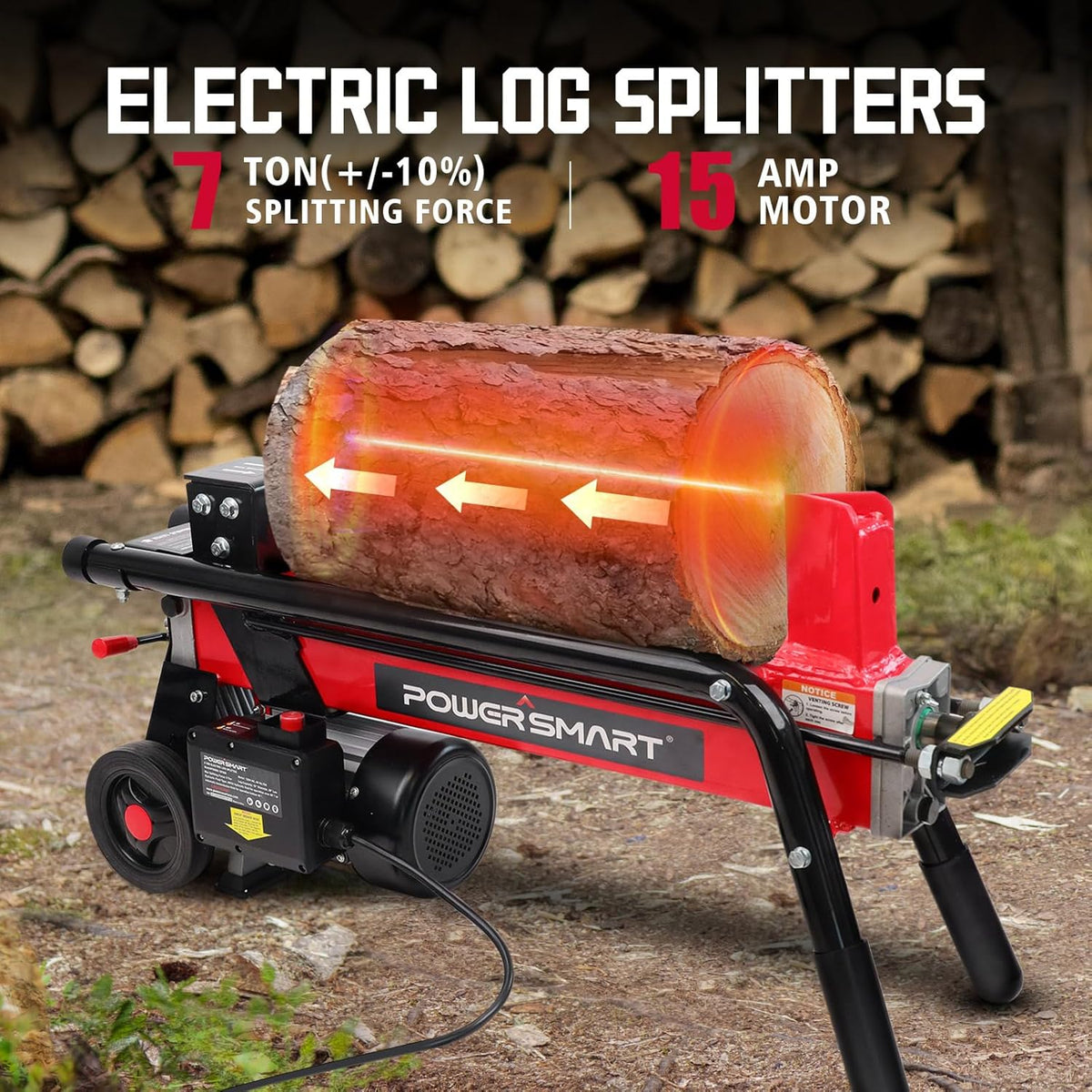 Electric Log Splitter 7-Ton, 15 Amp, Horizontal Full Beam Design With Steel Wedge