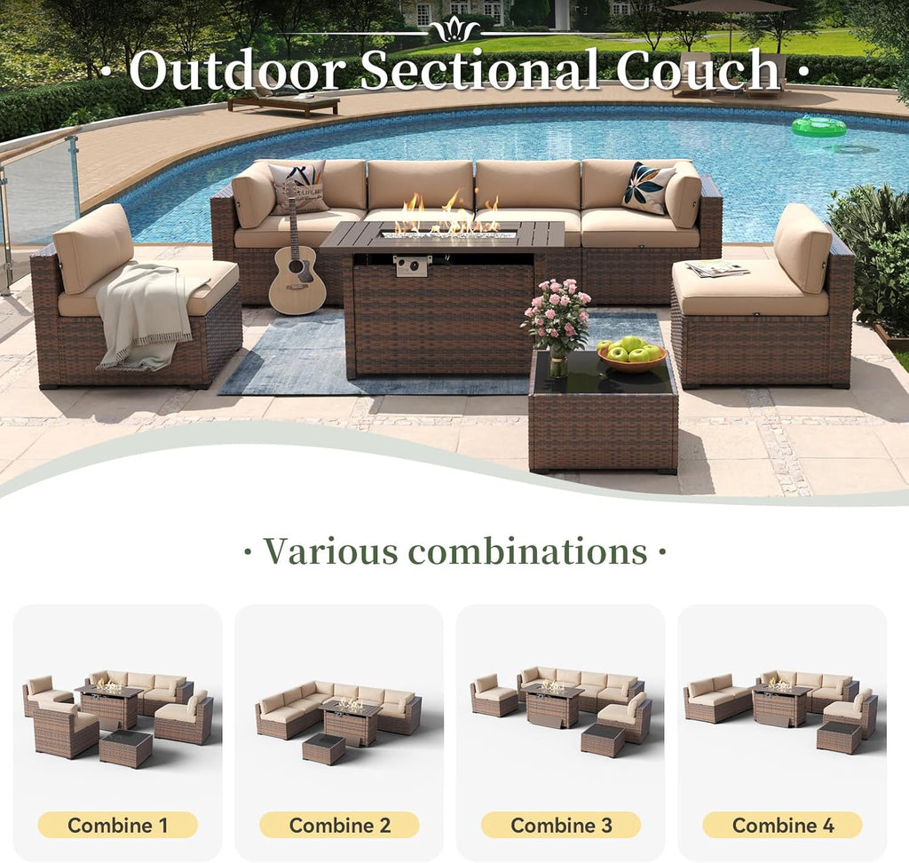 Aoxun 8 Piece Patio Sectional Sofa Set With 44in Fire Pit Table, Coffee Table And Beige Cushions
