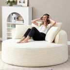 Oversized Round Chaise Lounge Chair, 53.5in x 53.5in, Corduroy, Beige White