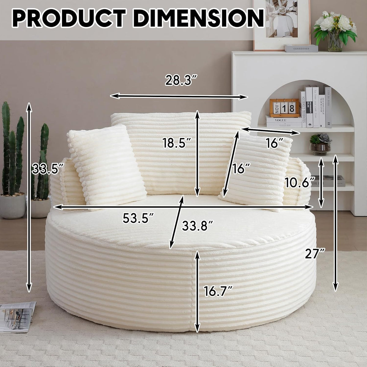 Oversized Round Chaise Lounge Chair, 53.5in x 53.5in, Corduroy, Beige White