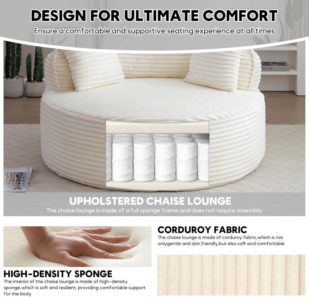 Oversized Round Chaise Lounge Chair, 53.5in x 53.5in, Corduroy, Beige White
