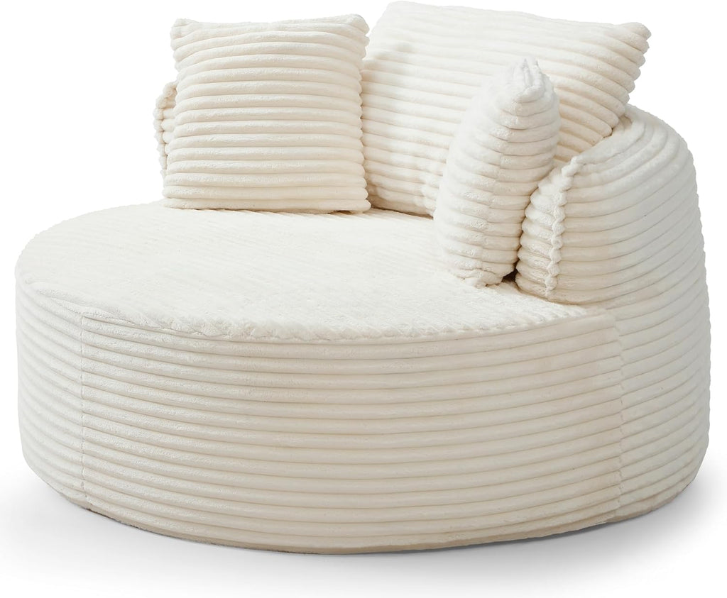 Oversized Round Chaise Lounge Chair, 53.5in x 53.5in, Corduroy, Beige White