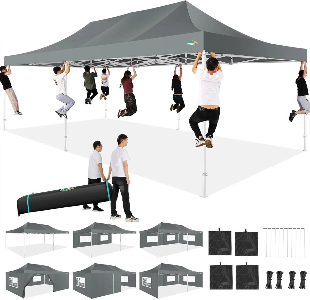 COBIZI 10x20 Heavy Duty Pop-Up Canopy Tent With 6 Sidewalls - Black