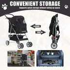 Foldable Dog And Cat Pet Stroller With Storage Basket, Removable Liner And 4 Wheels - Black