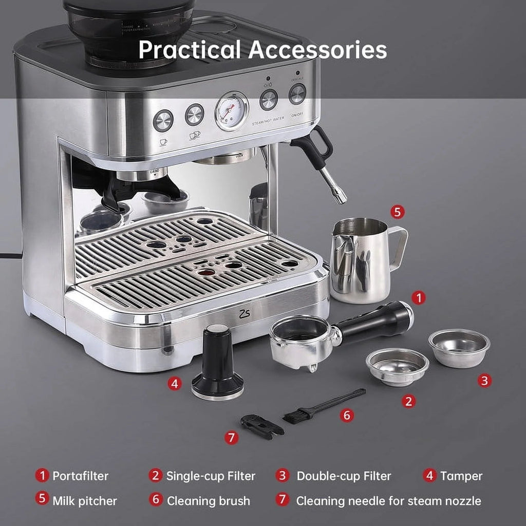 Entcook Espresso Machine With Grinder And Milk Frother, 15 Bar 2.5 L