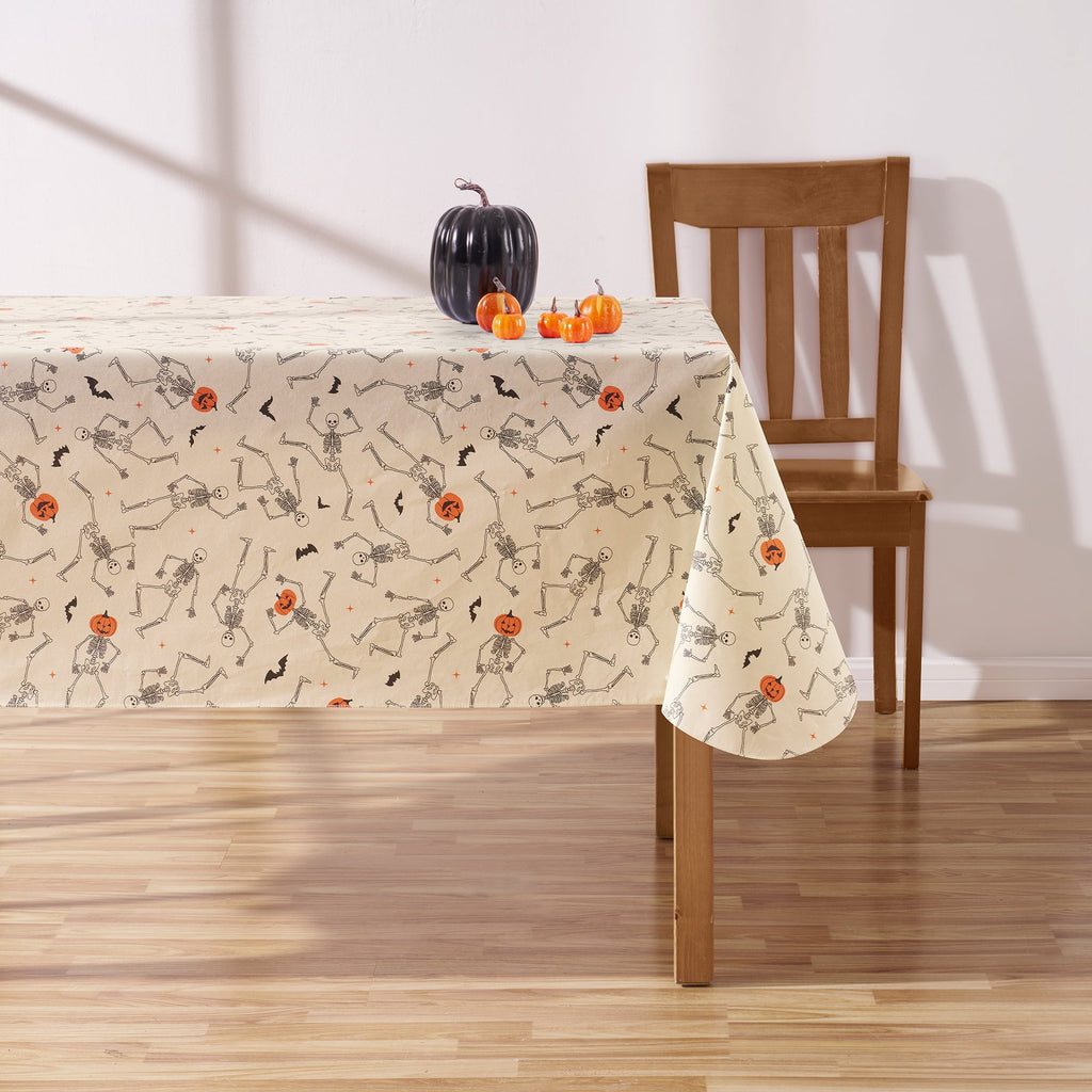 Way To Celebrate Halloween PEVA Tablecloth, For Table 60" x 102" - Skeleton Pumpkin Head Toss