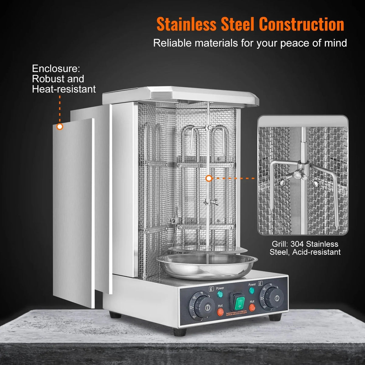 KFFKFF Electric Shawarma Rotisserie Grill 1700W 2 Burners Stainless Steel - ZH-9211