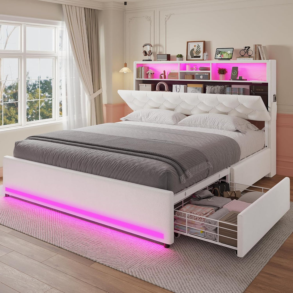 Queen Velvet Platform Bed Frame With Bookcase Headboard, LED, 4 Storage Drawers, Creamy White