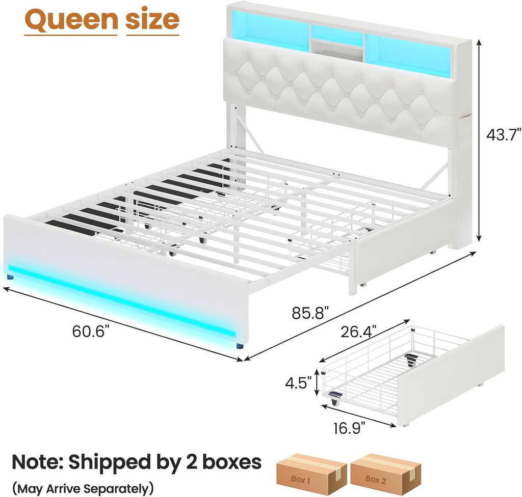 Queen Velvet Platform Bed Frame With Bookcase Headboard, LED, 4 Storage Drawers, Creamy White