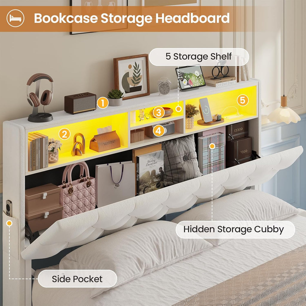 Queen Velvet Platform Bed Frame With Bookcase Headboard, LED, 4 Storage Drawers, Creamy White