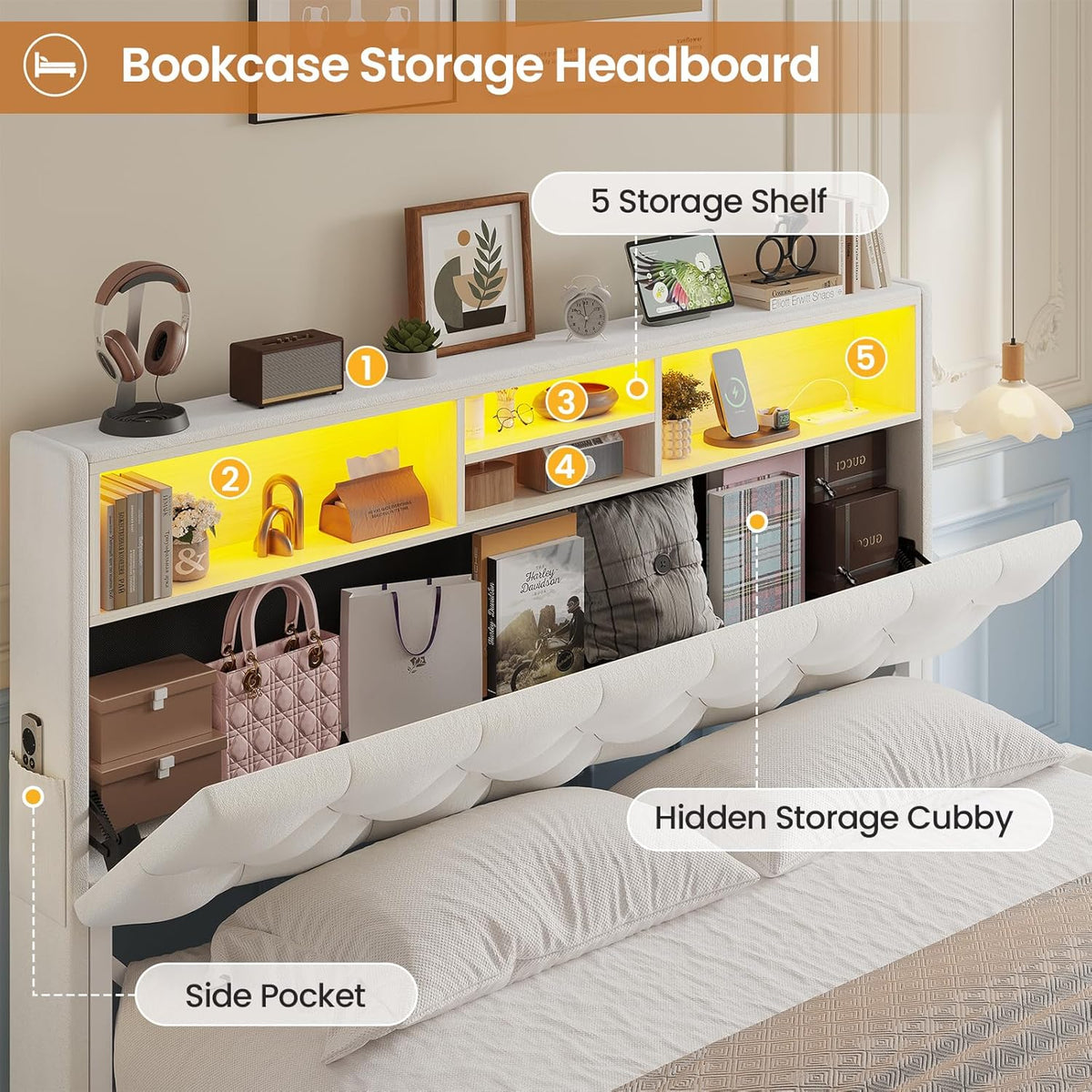 Queen Velvet Platform Bed Frame With Bookcase Headboard, LED, 4 Storage Drawers, Creamy White