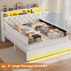 Queen Velvet Platform Bed Frame With Bookcase Headboard, LED, 4 Storage Drawers, Creamy White