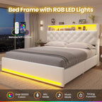 Queen Velvet Platform Bed Frame With Bookcase Headboard, LED, 4 Storage Drawers, Creamy White