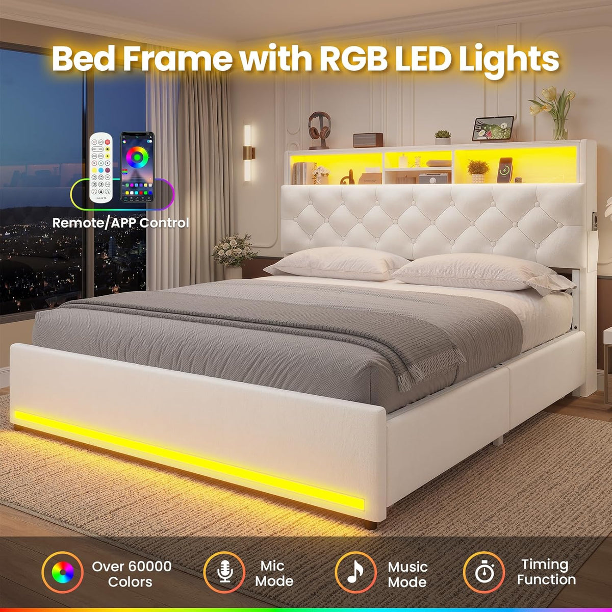 Queen Velvet Platform Bed Frame With Bookcase Headboard, LED, 4 Storage Drawers, Creamy White