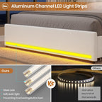 Queen Velvet Platform Bed Frame With Bookcase Headboard, LED, 4 Storage Drawers, Creamy White