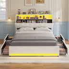 Queen Velvet Platform Bed Frame With Bookcase Headboard, LED, 4 Storage Drawers, Creamy White