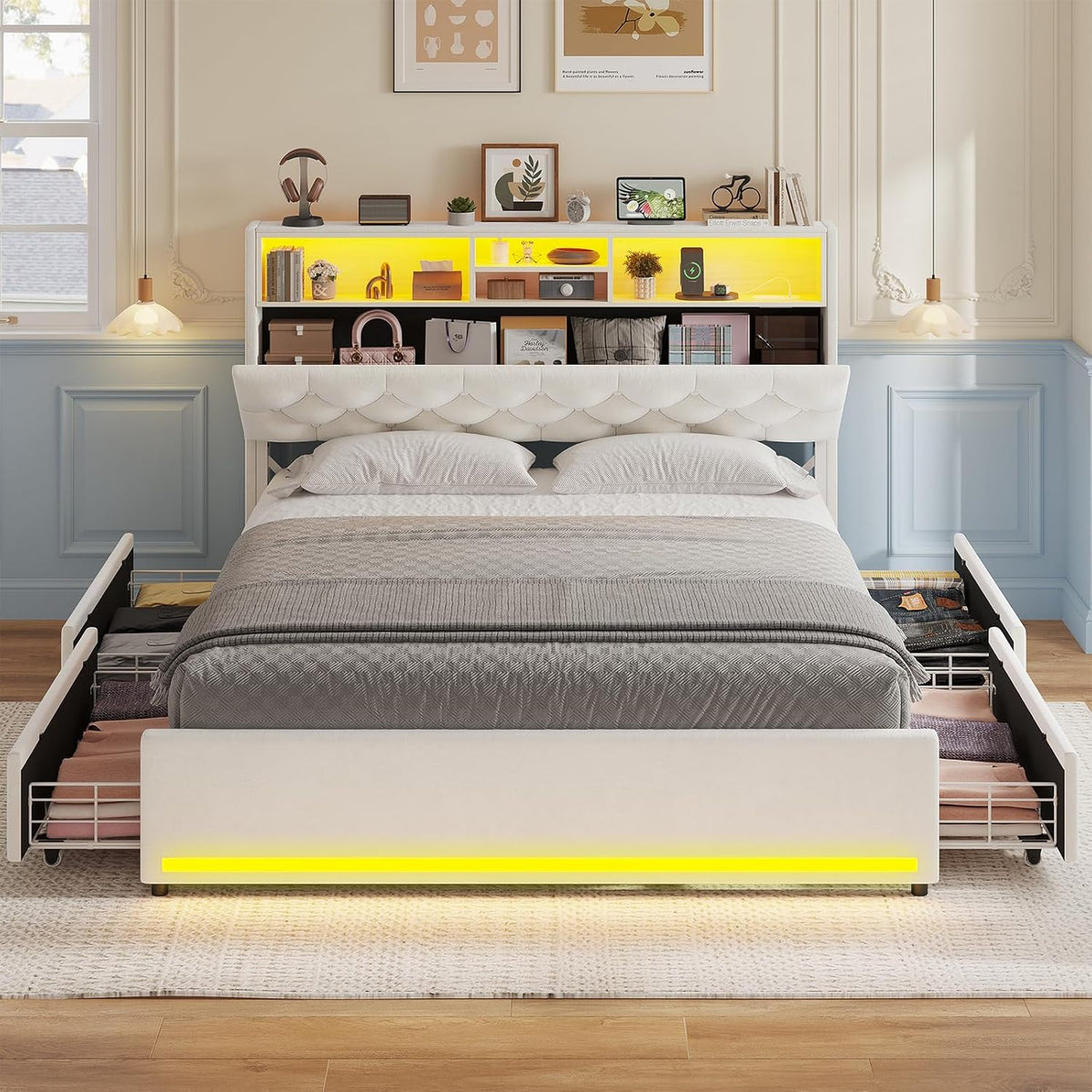 Queen Velvet Platform Bed Frame With Bookcase Headboard, LED, 4 Storage Drawers, Creamy White